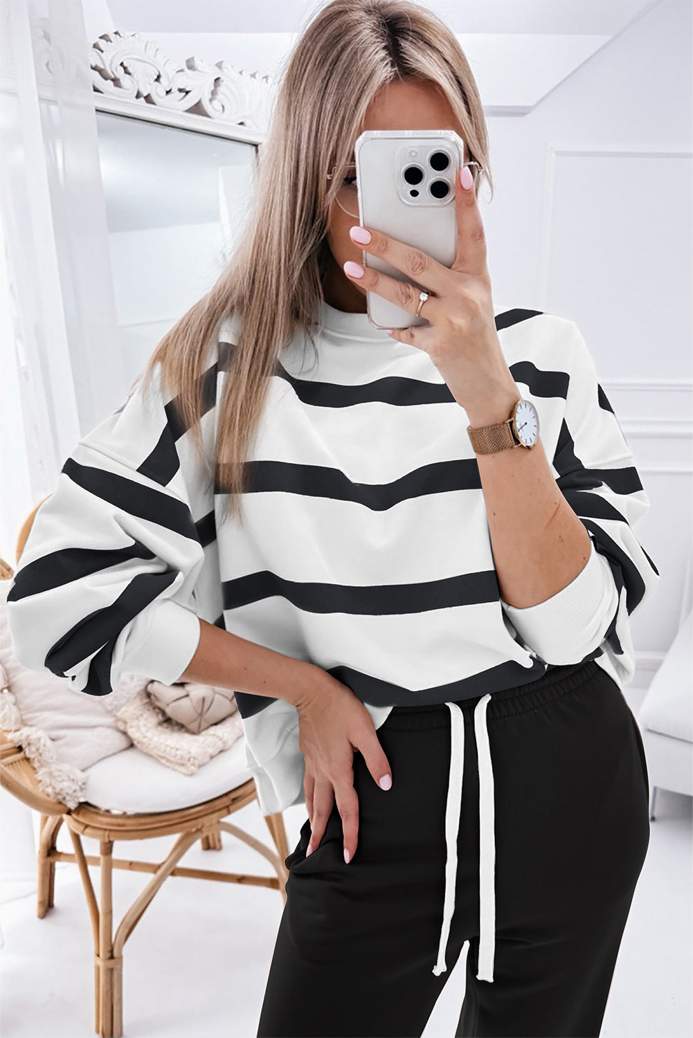 Drop Shoulder Pullover And Jogger Pants Set | Black Stripe