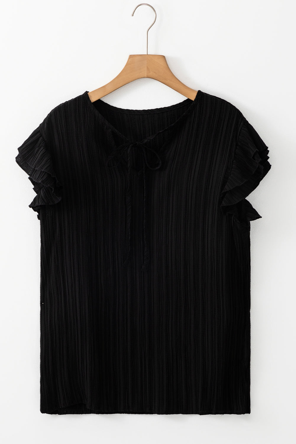 Textured Ruffled Sleeve V Neck Top | Black