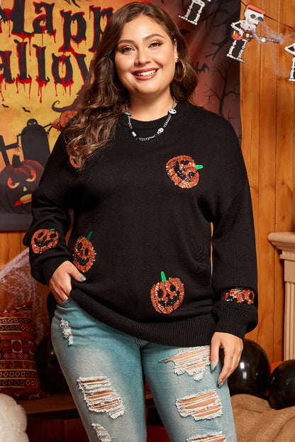 Plus Size Halloween Sequined Pumpkin Pattern Sweater | Black