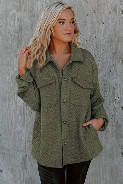 Retro Quilted Flap Pocket Button Shacket | Green