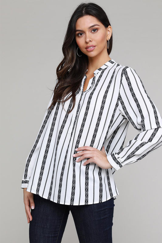 Black V Neck Striped Button Up Blouse