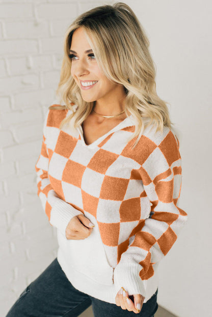 Checkered Split Neck Contrast Kangaroo Pocket Hooded Sweater | Gold Flame