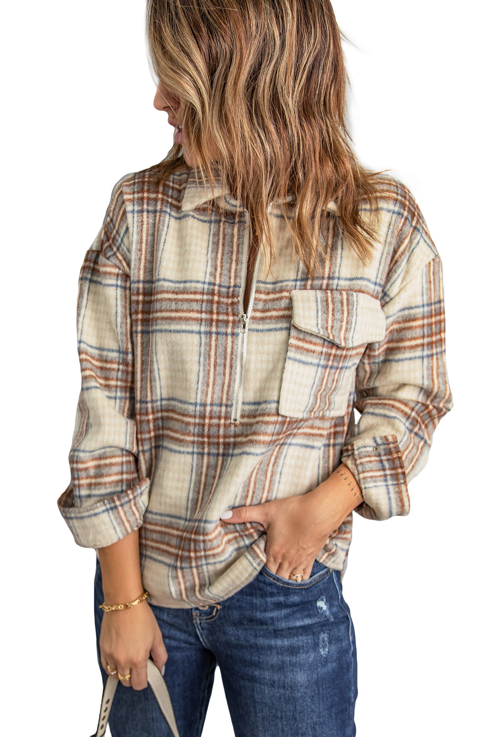 Chest Pocket Plaid Half Zip Sweatshirt | Apricot