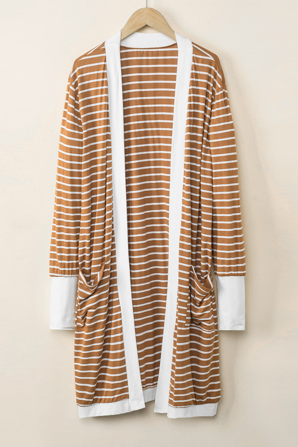 Striped Side Pockets Open Front Cardigan | Brown