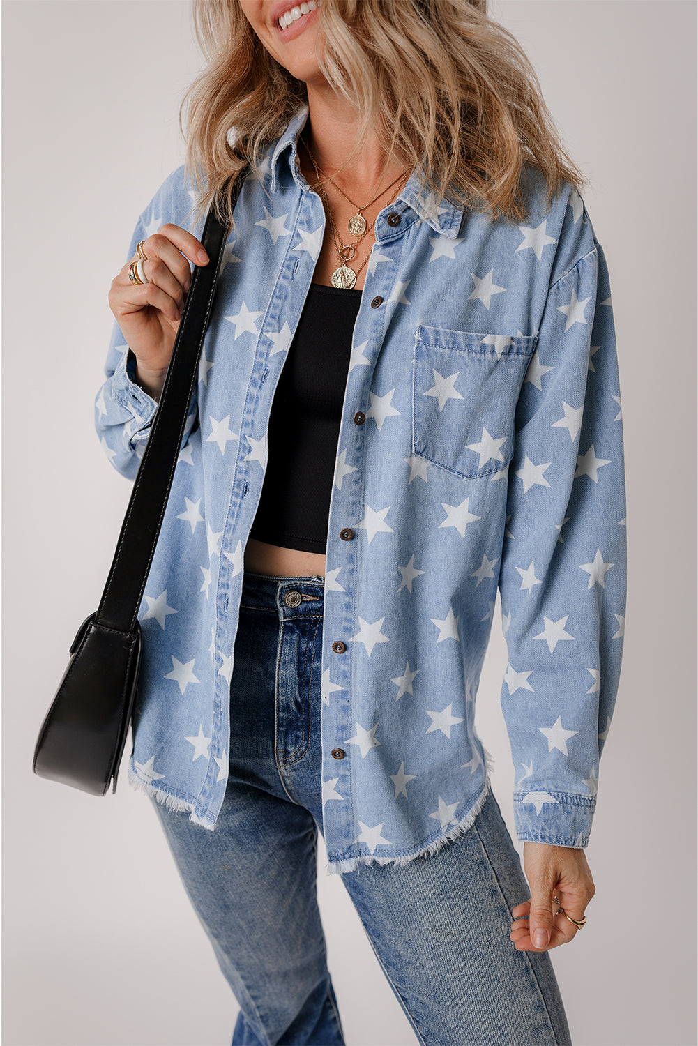 Star Print Light Wash Raw Hem Denim Jacket | Sky Blue