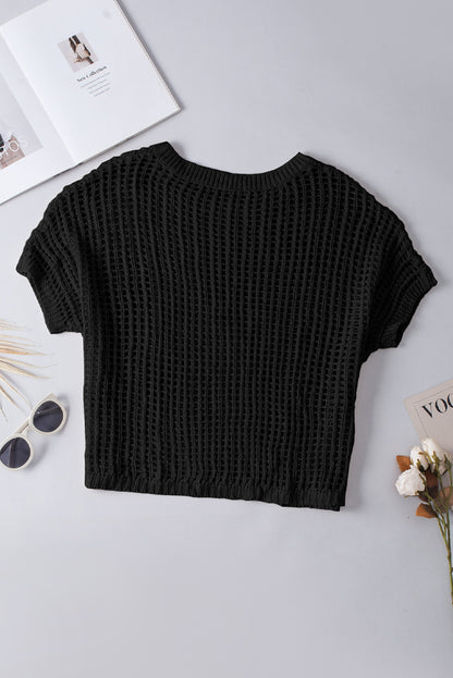 Fishnet Knit Ribbed Round Neck Short Sleeve Sweater Tee | Black