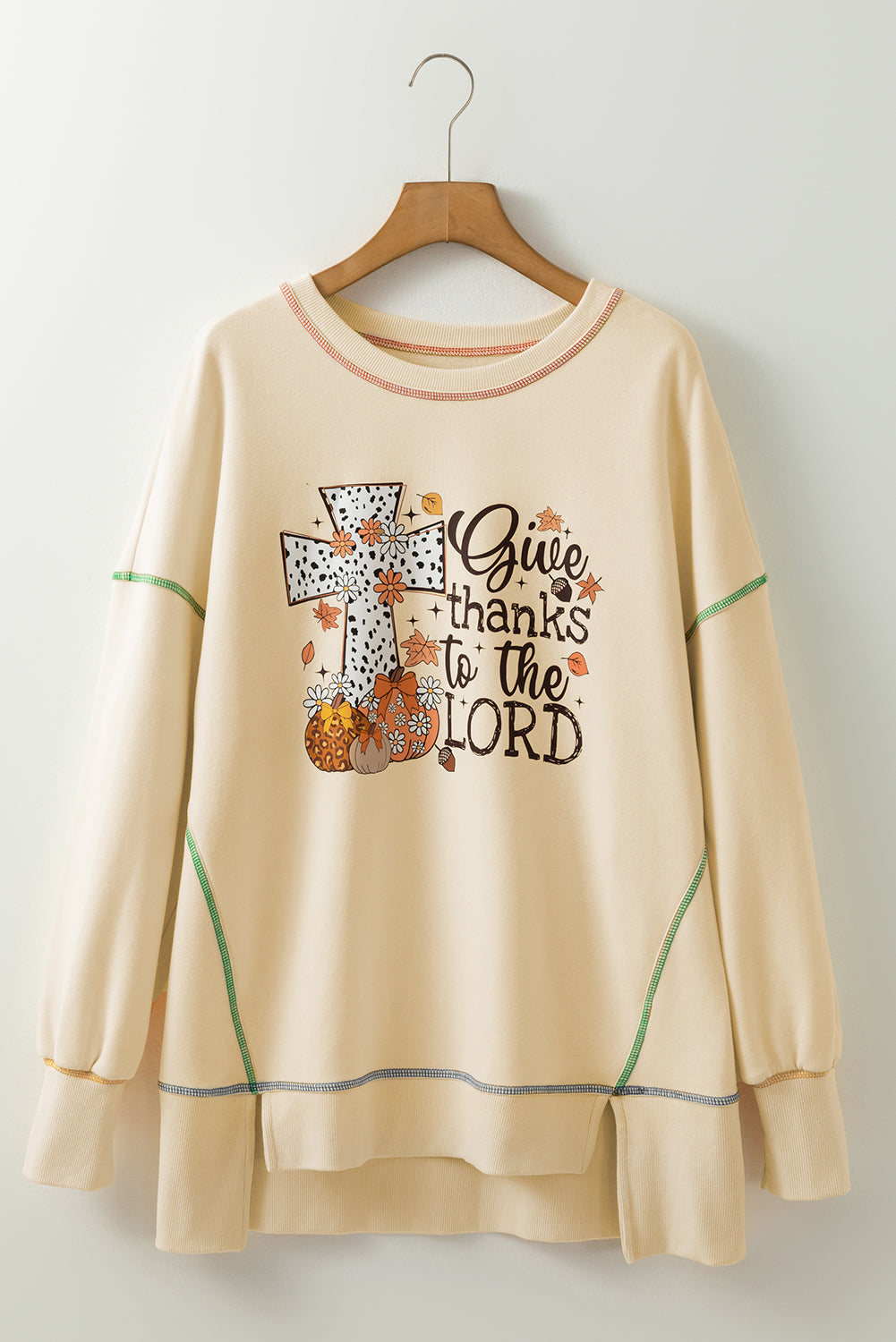 Give Thanks To The Lord Graphic High Low Hem Loose Sweatshirt | White