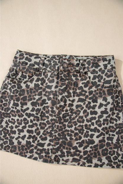 Leopard Denim Mini Skirt | Khaki