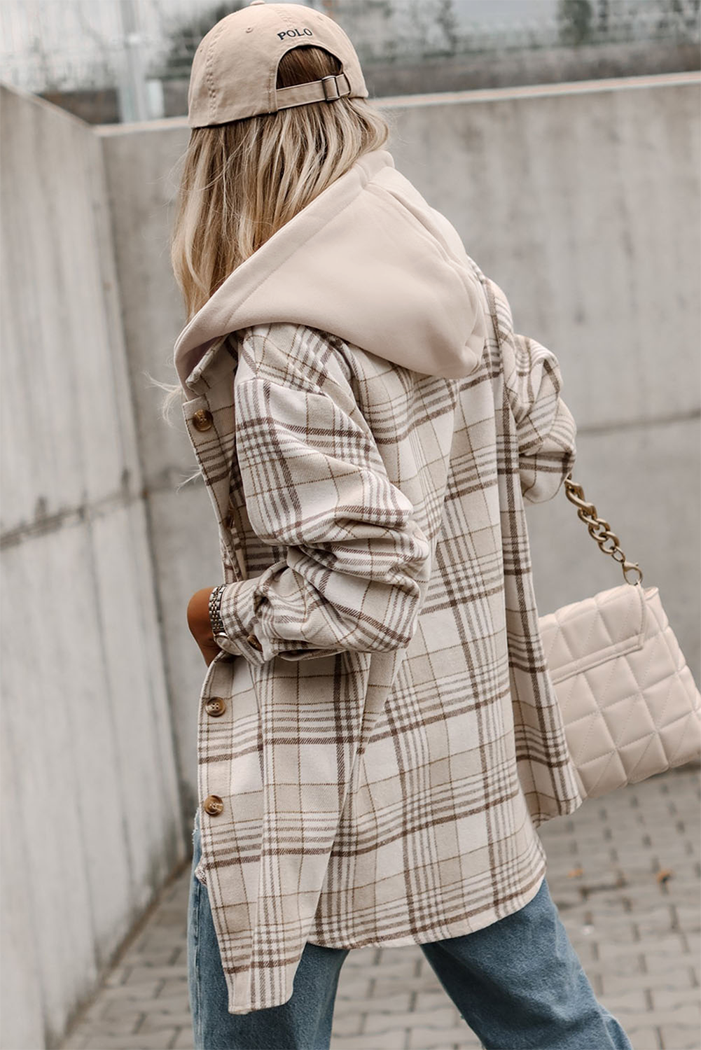 Plaid Removable Hood Buttoned Shacket | Khaki