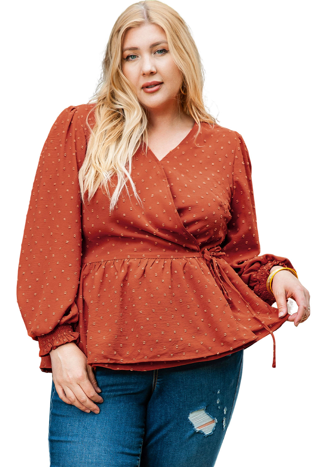 Plus Size Swiss Dot V Neck Wrap Tie Side Blouse | Gold Flame