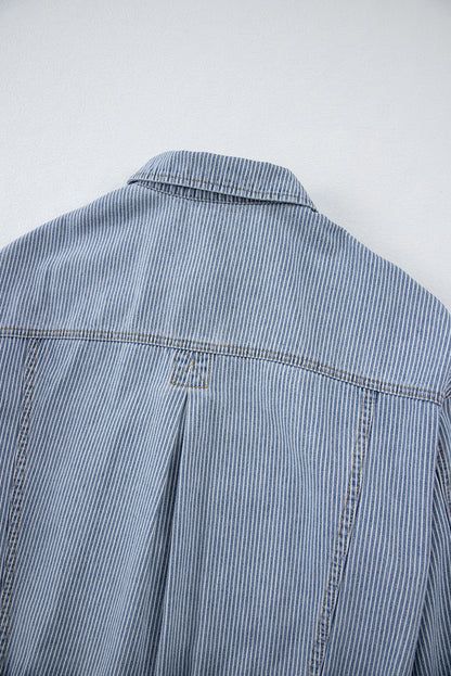 Washed Oversize Pocketed Denim Jacket | Sky Blue Stripe