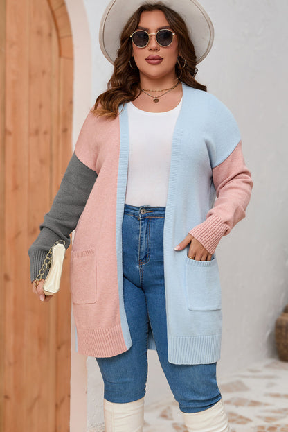 Plus Size Colourblock Pocketed Open Front Cardigan | Multicolour