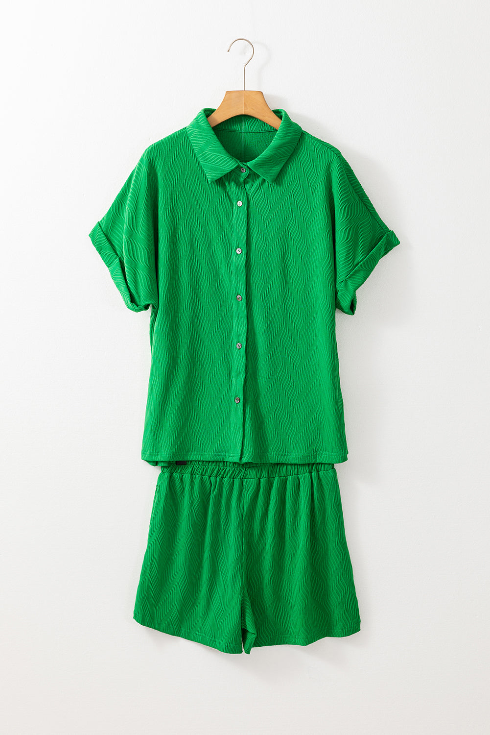 Textured Short Sleeve Shirt And Shorts Set | Bright Green