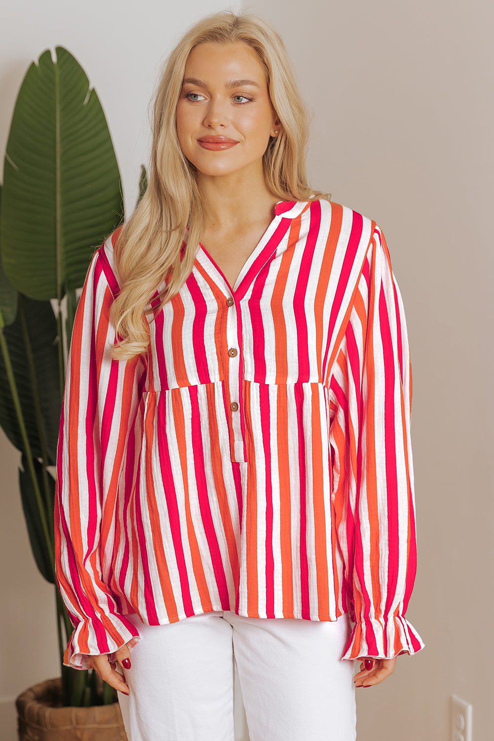 Balloon Sleeve Notched V Neck Buttoned Front Blouse | Orange Stripe