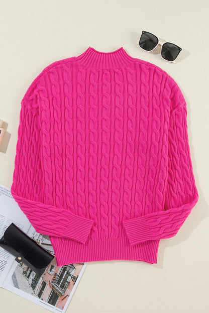 Solid Cable Knit High Neck Drop Shoulder Sweater | Rose Red