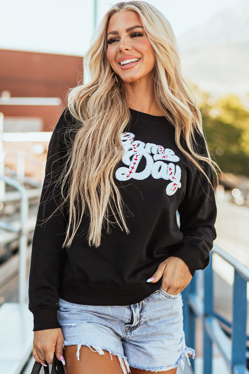 Sequined Game Day Graphic Crew Neck Sweatshirt | Black