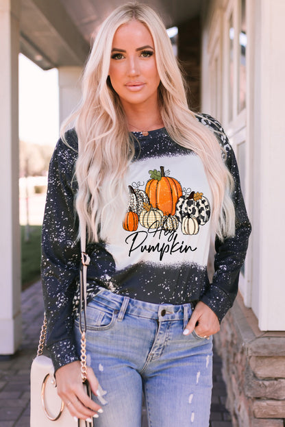 Leopard Bleached Pumpkin Graphic Long Sleeve Top | Black