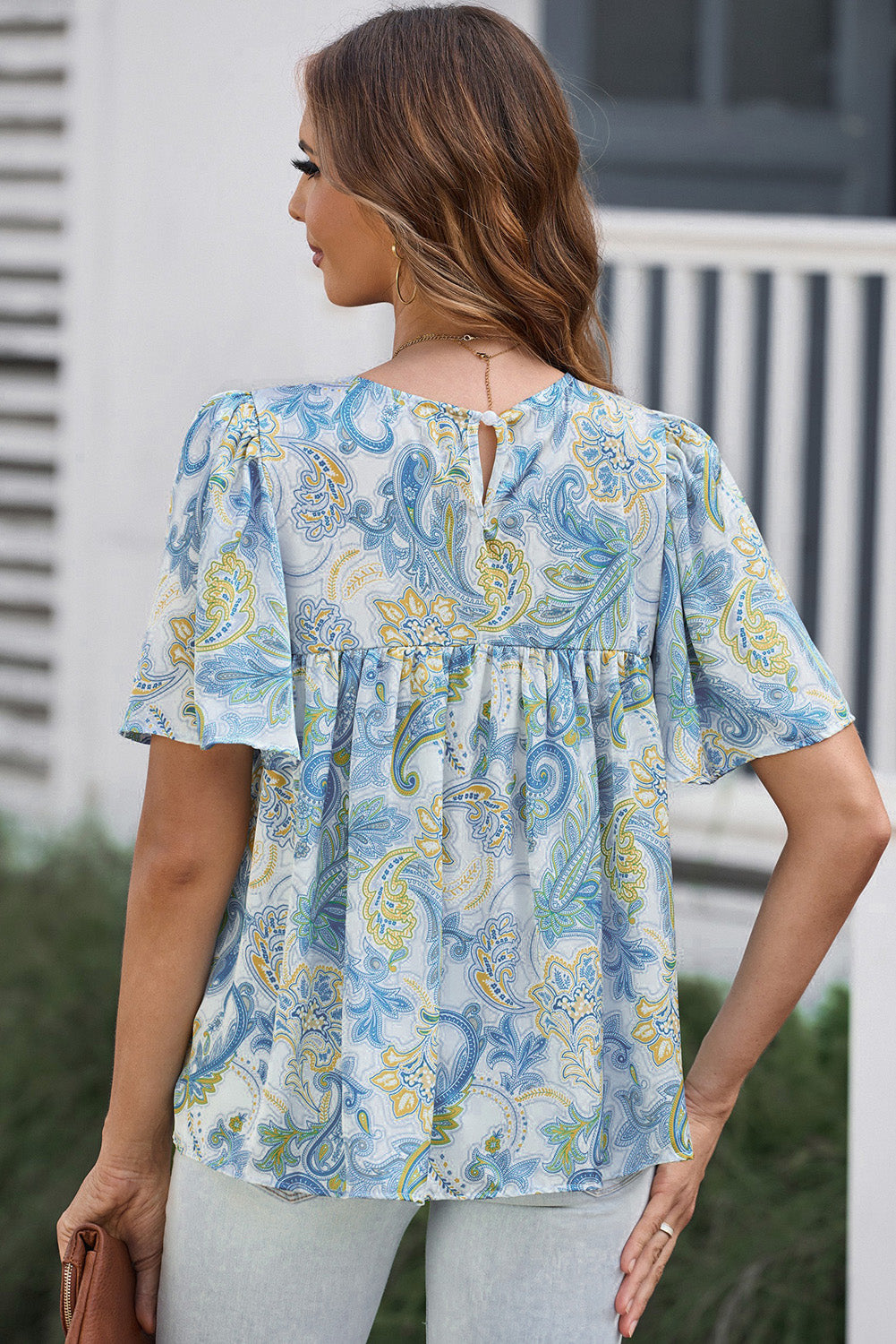 Paisley Print Wide Sleeves Loose Blouse | Sky Blue