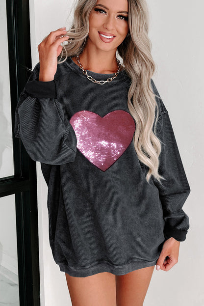 Sequin Heart Shaped Crewneck Corded Sweatshirt | Black