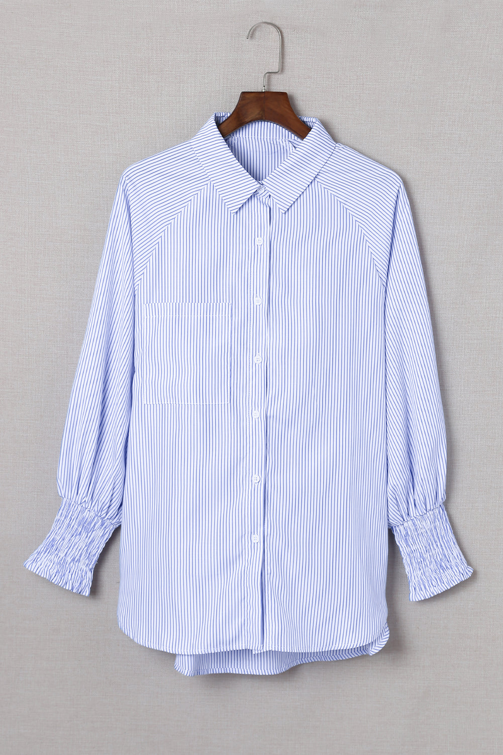 Smocked Cuffed Striped Boyfriend Shirt With Pocket | Sky Blue