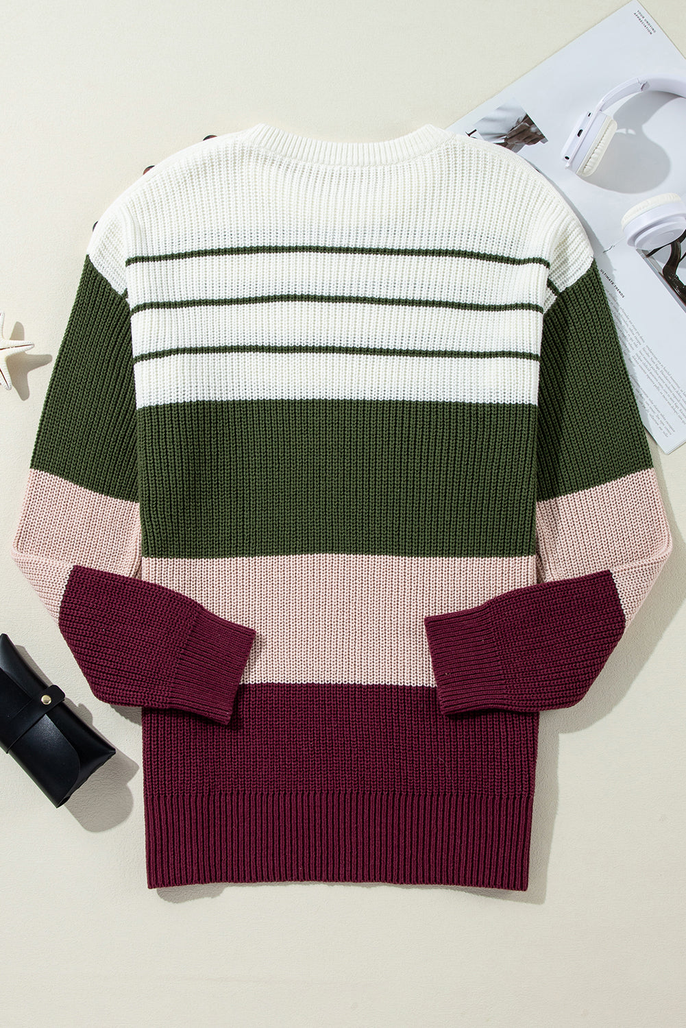 Colour Block Striped Buttoned Shoulder Split Sweater | Green