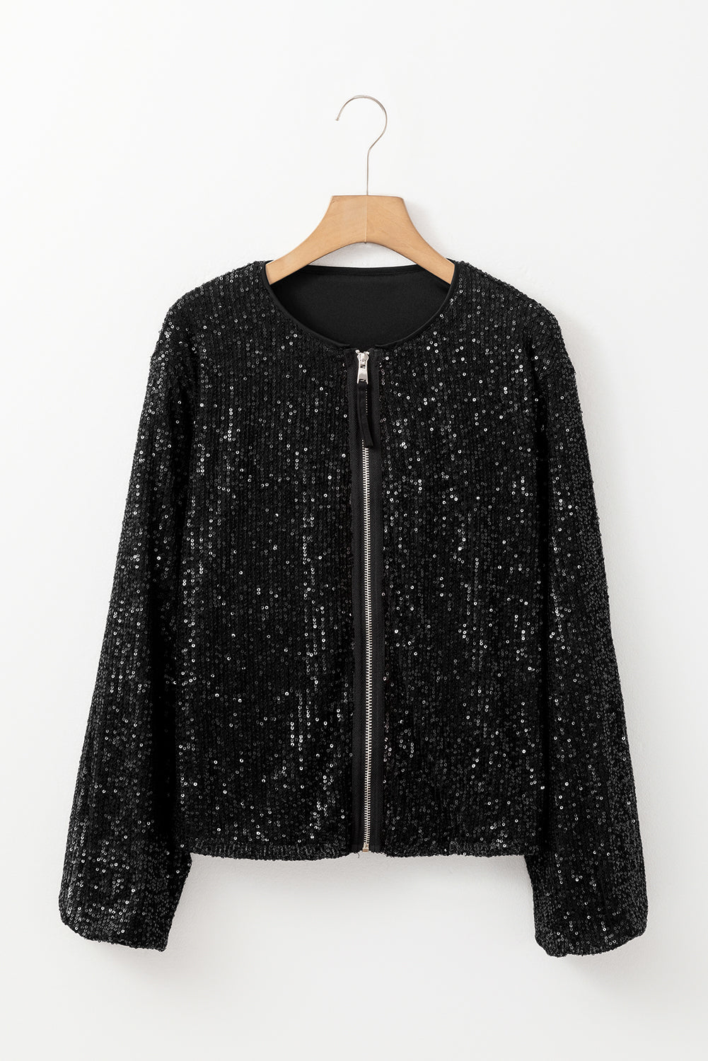 Sequin Zip Up Round Neck Long Sleeve Jacket | Black