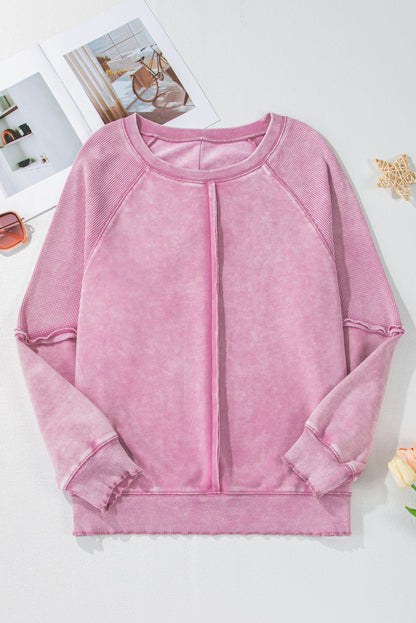 Solid Waffle Knit Patchwork Raglan Sleeve Sweatshirt | Pink