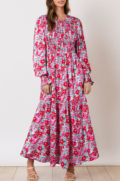 Floral Print Smocked Lantern Sleeve Tiered Maxi Dress | Sky Blue