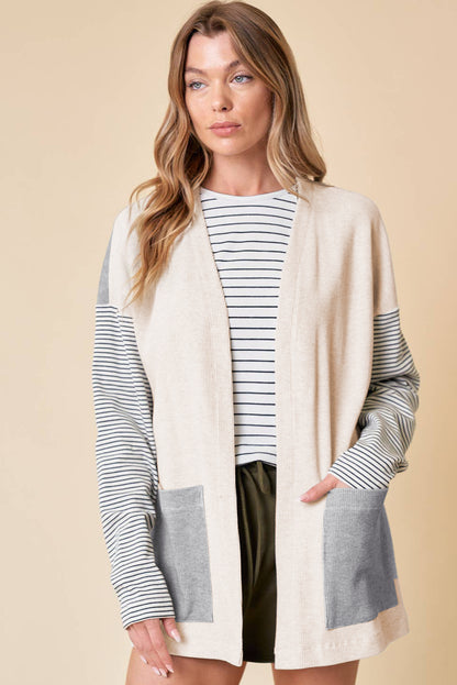 Colourblock Patchwork Open Front Cardigan With Pocket | Black Stripe