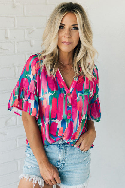 Abstract Brushwork Print Buttoned V Neck Blouse | Rose