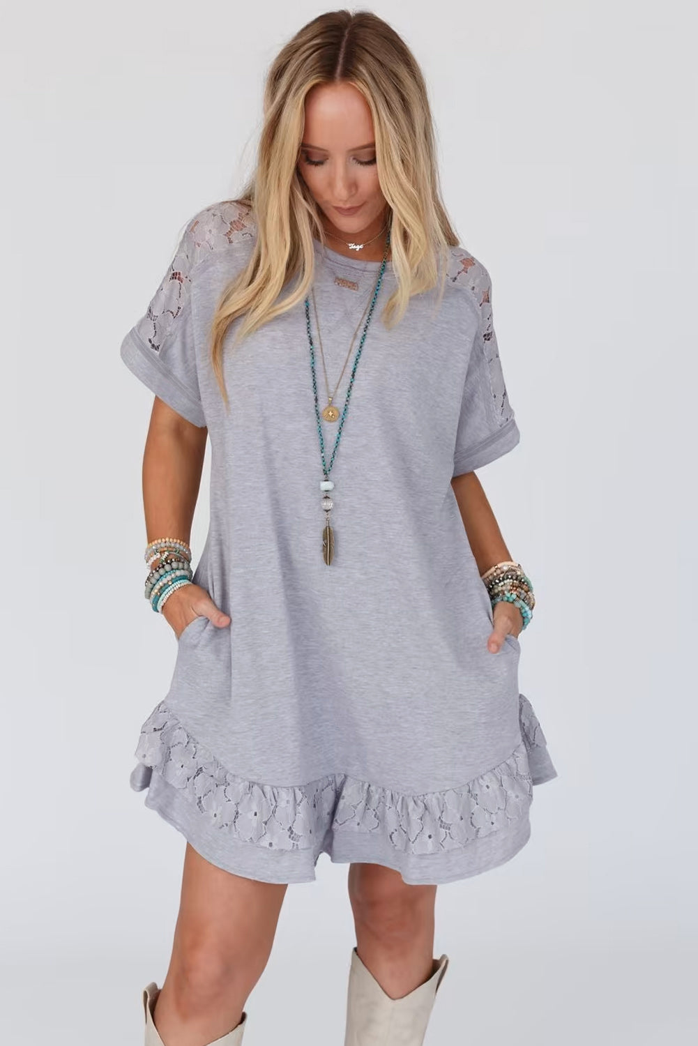 Lace Floral Patchwork Ruffled T-Shirt Dress | Light Grey