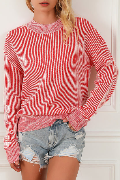 Striped Print Ribbed Trim Round Neck Sweater | Red