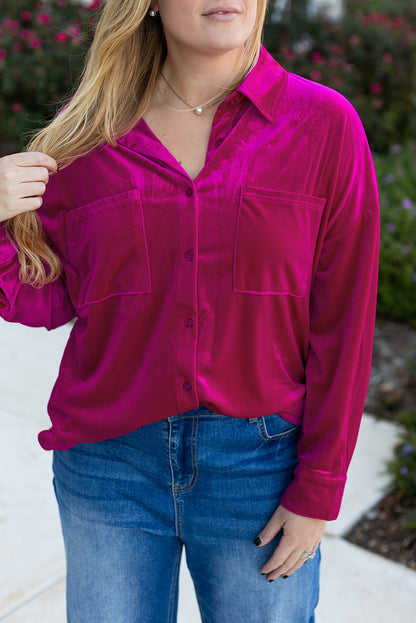 Plus Size Velvet Chest Pocket Drop Shoulder Shirt | Bright Pink