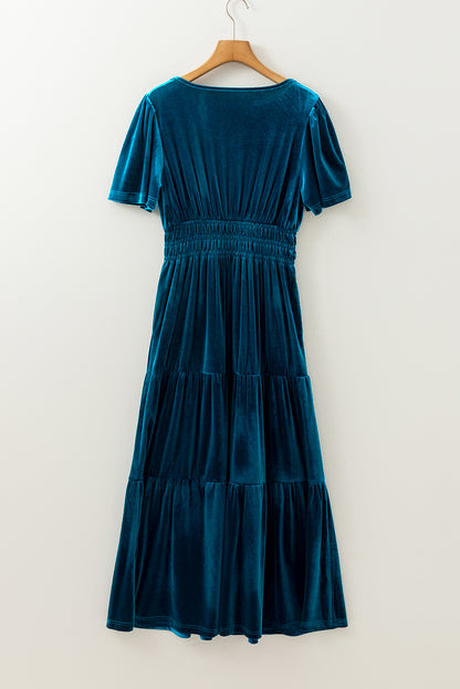 Velvet Short Sleeve Shirred Waist Tiered Maxi Dress | Prussian Blue