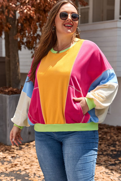 Plus Size Colourblock Patchwork Exposed Seam Sweatshirt | Rose Red