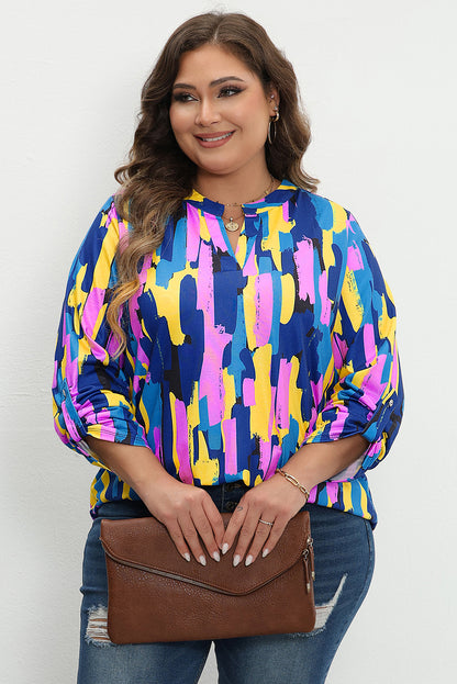 Plus Size Brushstroke Print 3/4 Sleeve Blouse | Blue