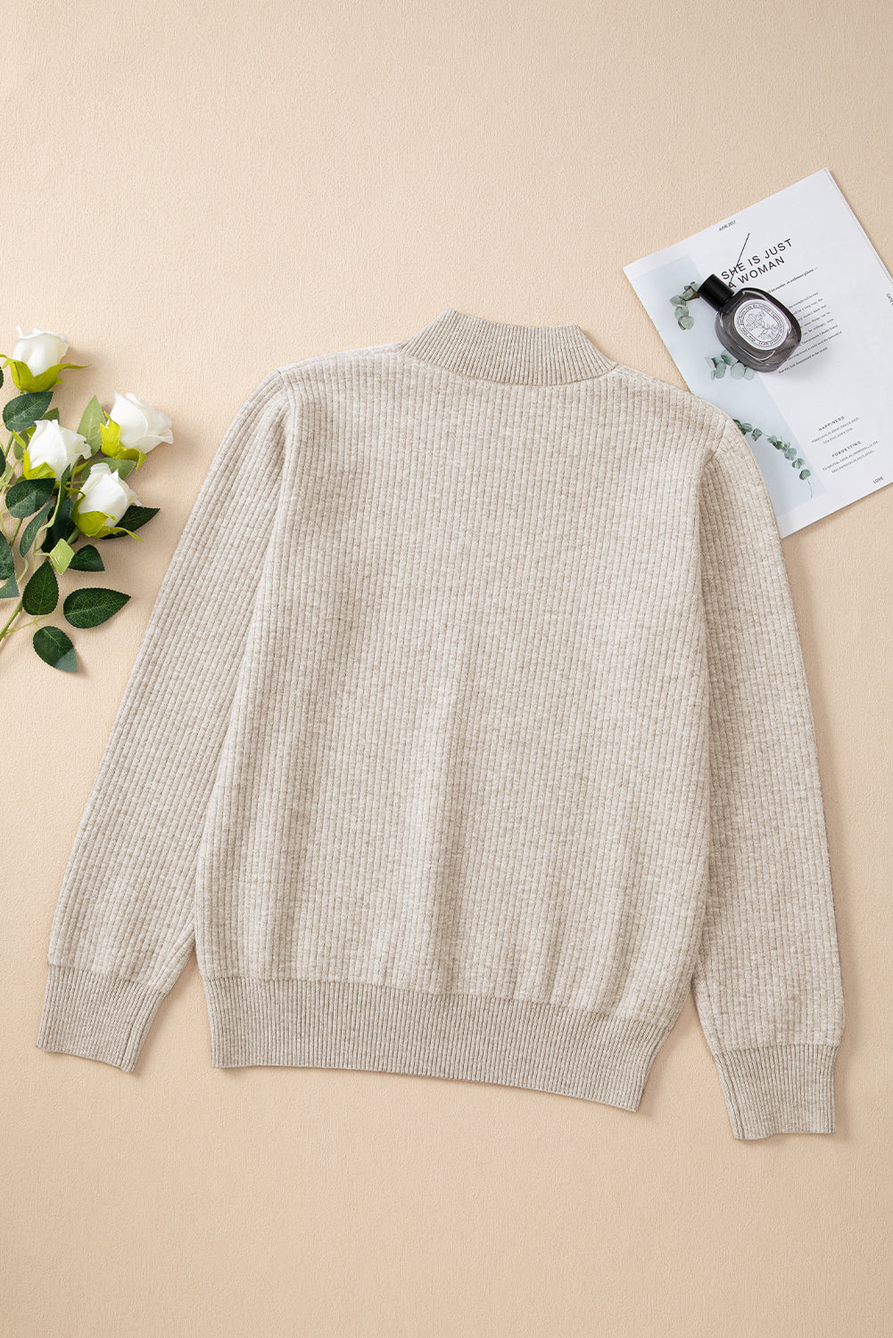 Thermal Lined Ribbed Knit Mock Neck Sweater | Apricot