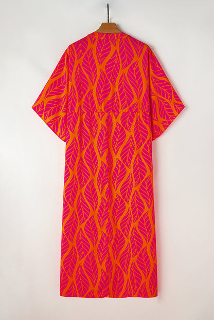 Leafy Print 3/4 Sleeve V Neck Buttoned Split Maxi Dress | Orange