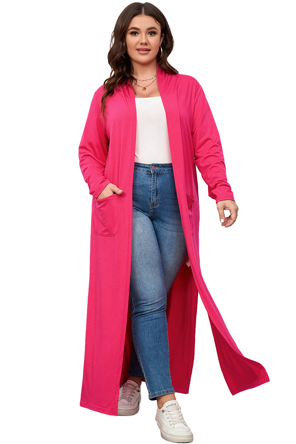 Plus Size Side Split Pockets Duster Cardigan | Strawberry Pink