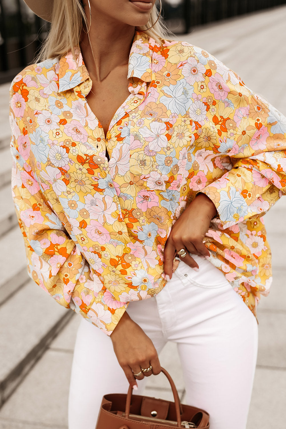 Floral Print Turn Down Collar Loose Shirt | Yellow