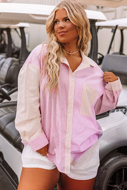 Print Colourblock Plus Size Shirt | Pink Stripe