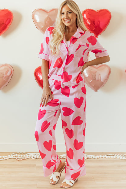 Classic Heart Valentines Short Sleeve Pants Pajamas Set | Pink