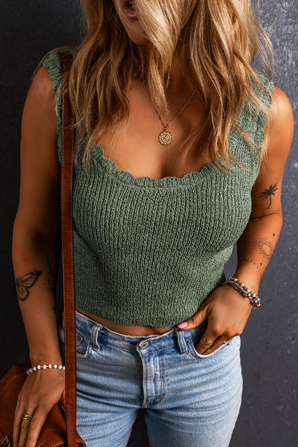 U Neck Scallop Trim Sweater Vest | Mist Green