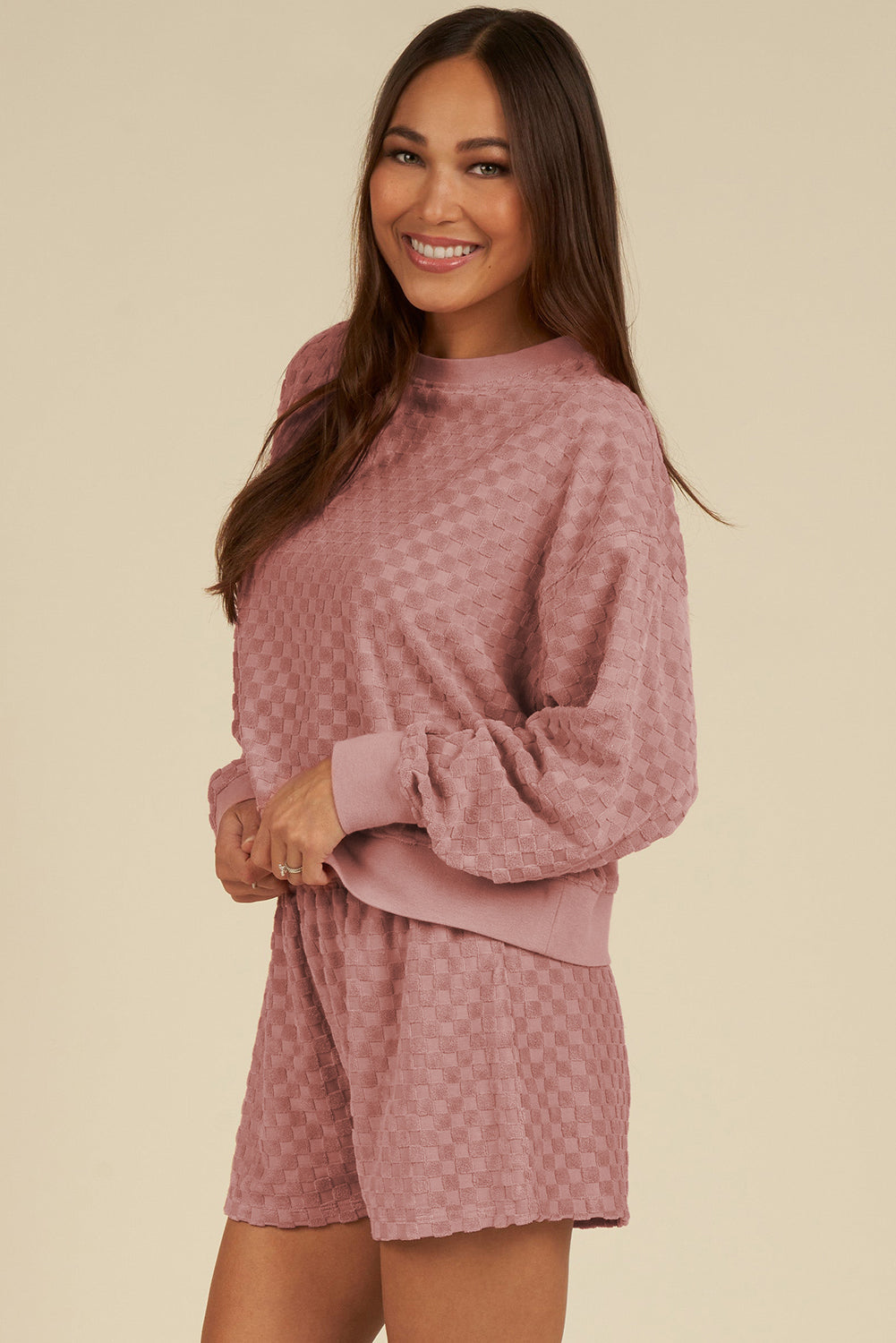 Checkered Textured Long Sleeve Top And Shorts Set | Blossom