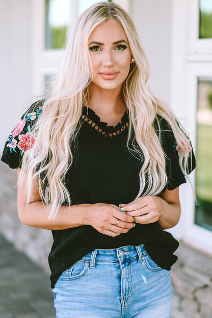 Floral Embroidered Bubble Sleeve Frill V Neck Top | Black