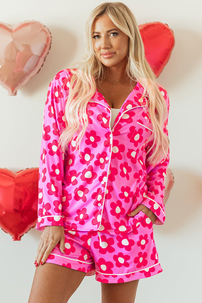 Flower Print Long Sleeve Shirt Shorts Pajamas Set | Pink