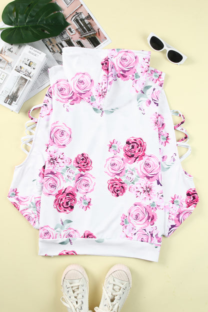 Floral Print Criss-Cross Cold Shoulder Hoodie | White