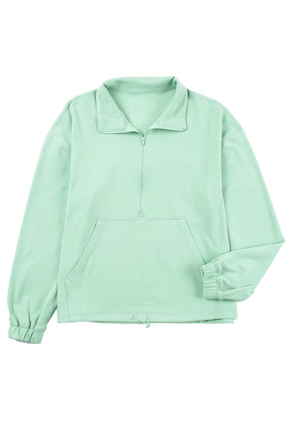 Zip Front Pocketed Pullover Sweatshirt | Green