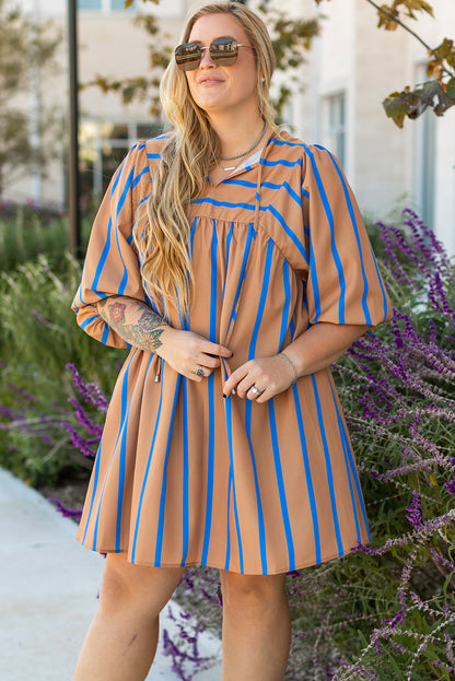 Contrast Striped Print 3/4 Sleeve Babydoll Plus Size Dress | Khaki Stripe