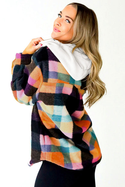 Plaid Colour Block Flap Pocket Buttoned Hoodie | Multicolour